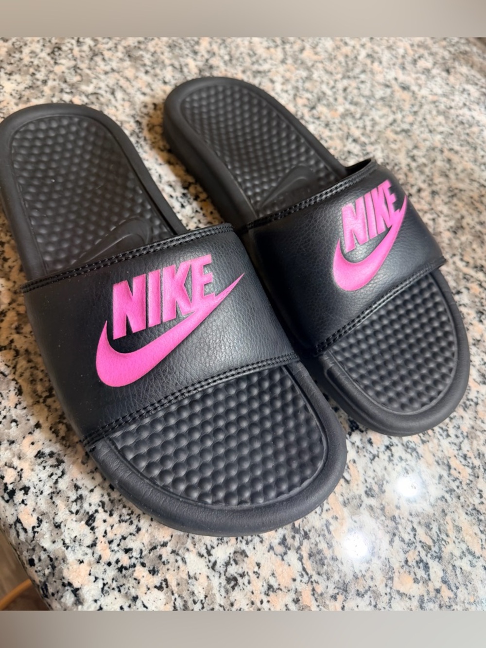 Nike Black Slides with Pink Logo
